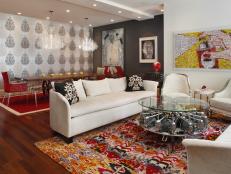 Contemporary Red And Gray Great Room With Patterned Rug