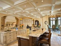 Coffered ceilings add drama to this kitchens subtle Arabian influenced design, while a touchscreen enables control over the whole homes systems, and an LCD screen lets the chef tune into cooking shows and other favorite programming. Work of Art Kitchen.