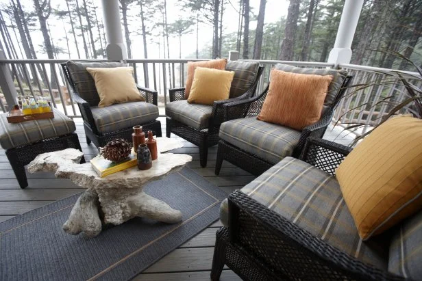 Chairs With Plaid Fabric in Outdoor Living Room