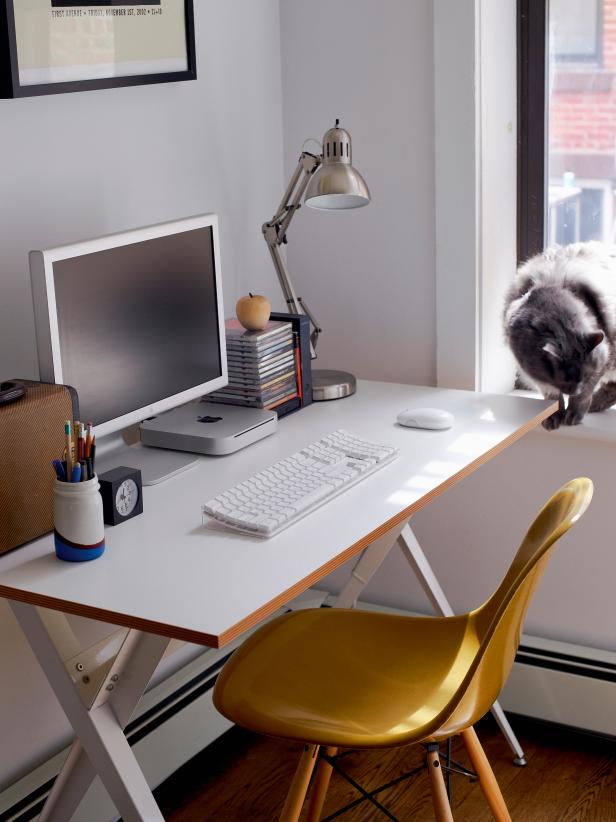 Modern White Home Office With Mustard Midcentury-Modern Desk Chair