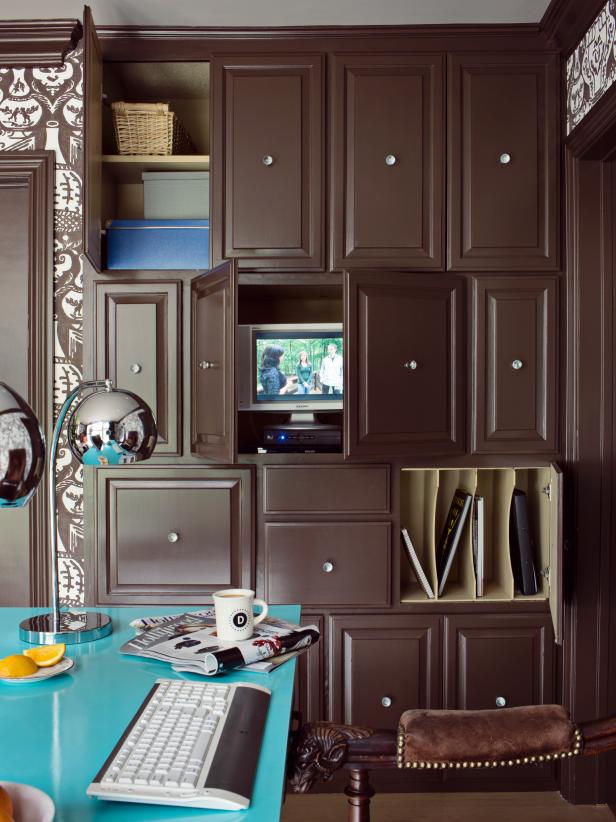 Brown Built-In Cabinets, Aqua-Glass Desk, Chrome Desk Lamps in Office