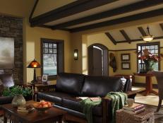 Leather Sofa In Craftsman-Style Living Room