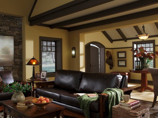 Leather Sofa In Craftsman-Style Living Room