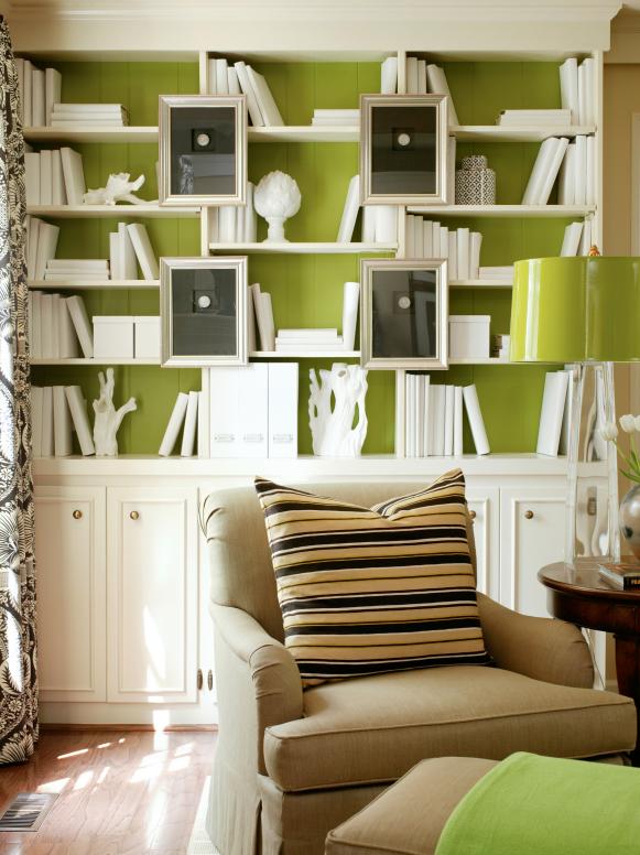 Lime Green Wall and White Bookshelves
