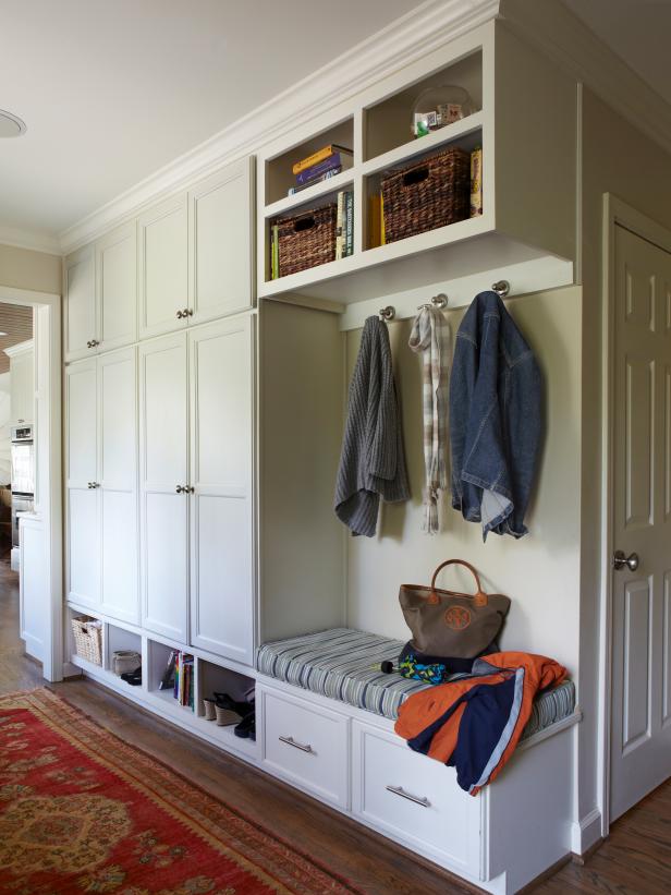 Transitional Mudroom With Bench, Hooks & White Cabinets