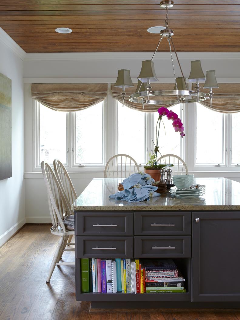 Chandelier Above Gray Kitchen Island, Four Windsor Chairs