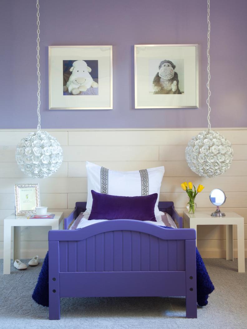 Purple and White Kids Bedroom With Framed Animals, Purple Bed