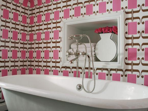 Bathroom with Pink and White Wallpaper