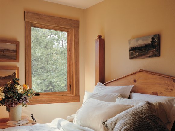 Wood Framed Windows in Rustic Bedroom 