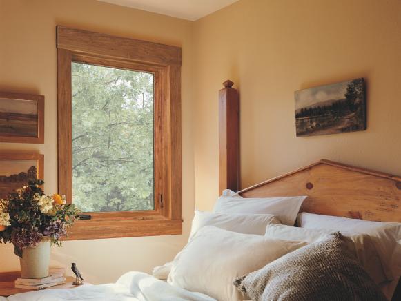 Wood Framed Windows in Rustic Bedroom 
