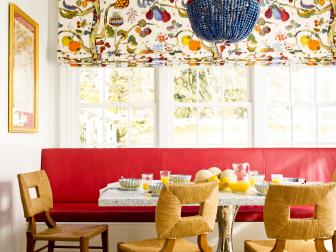 Dining Nook With Red Banquet, Fruit Valance, Blue Beaded Chandelier
