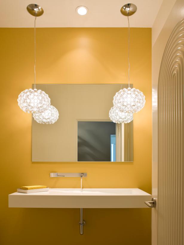 Bathroom with Modern Sink and Glass Pendant Lights