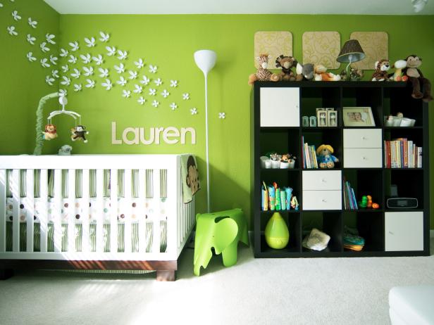 Vivid Green Nursery With Whimsical Wall Art