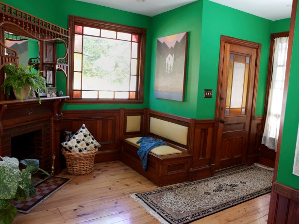 Kelly-Green Craftsman Entry With Light Hardwood Floors & Dark Woodwork