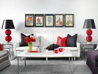 White Asian-Inspired Living Room With Red and Black Accents