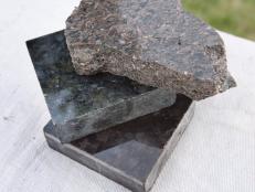 Stack of three different types of granite used for countertop kitchen designs. 