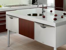 Industrial modern designed kitchen island with oval sink and two large drawers for storage. 