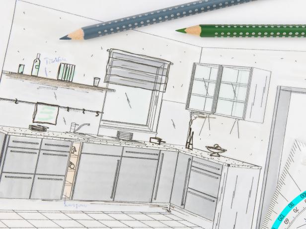 A drawing of kitchen cabinet and space planning for a kitchen.