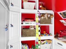 Red Kids' Closet With Built-In Shelves