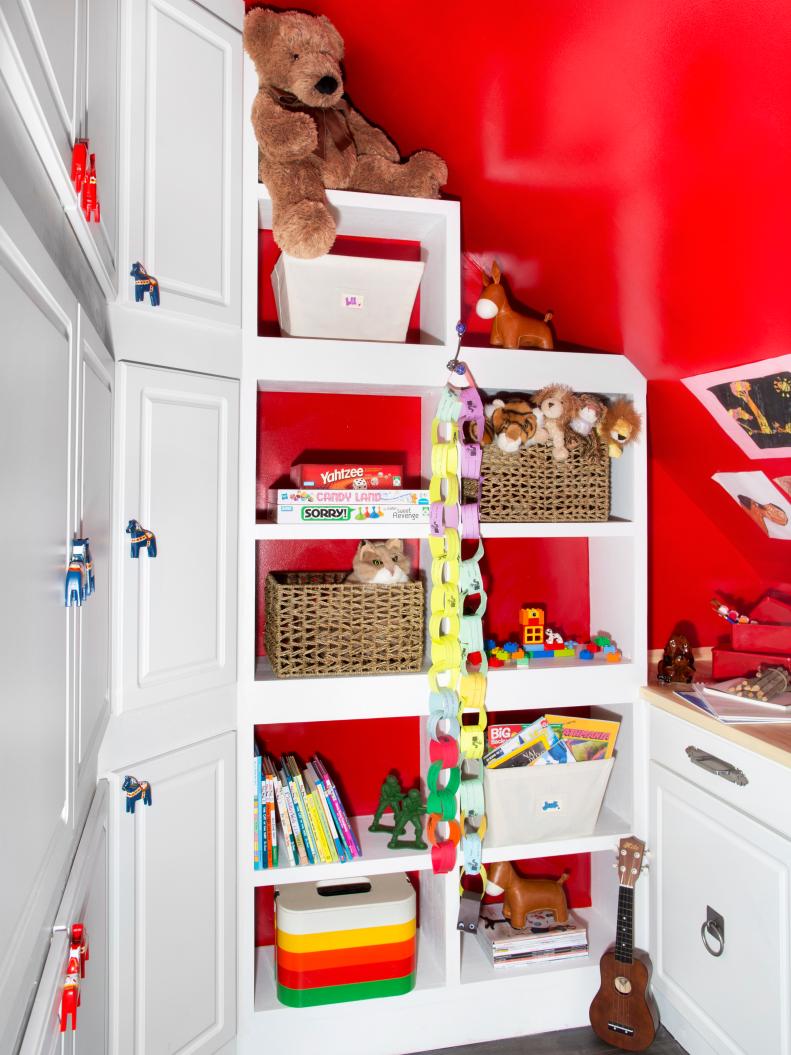 Red Kids' Closet With Built-In Shelves