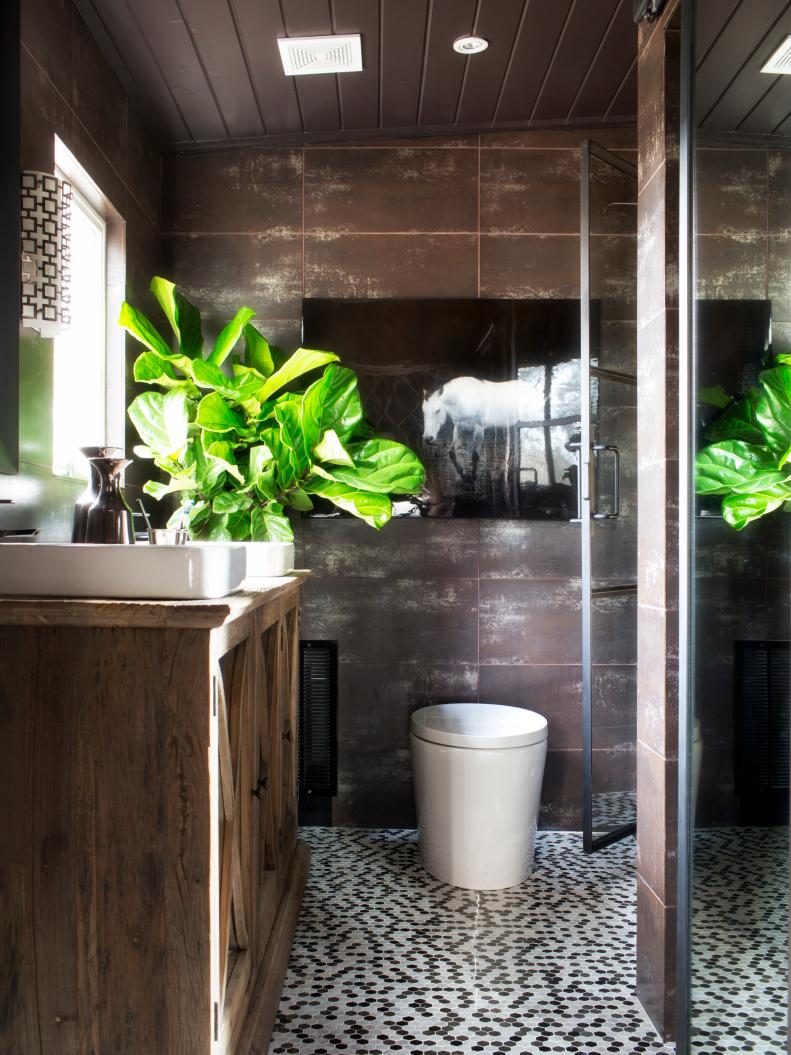 Brown Bathroom With Rustic Wood Vanity and Distressed Wall Tiles