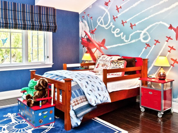 Boys Bedroom with Blue and Red Airplane Mural