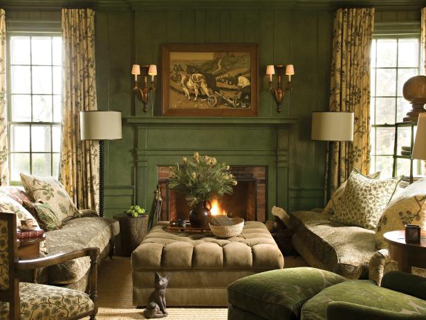 Green Traditional Study With Fireplace 