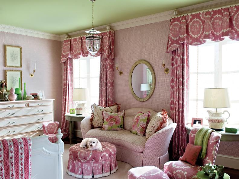 Girl's Bedroom With Green Ceiling and Pink Furnishings