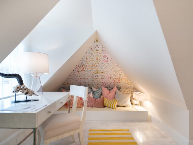White Contemporary Attic With Desk and Reading Nook