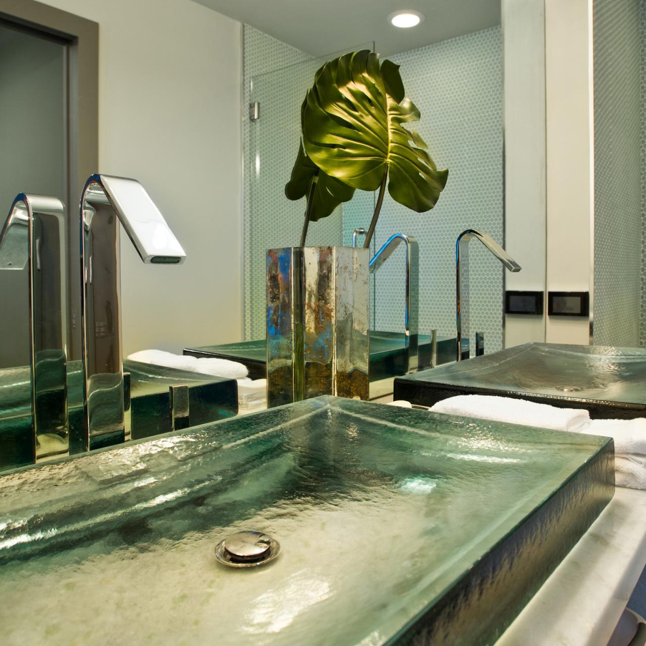 Glass and Brass Vintage Glass Shelf Over Sink - Transitional - Bathroom