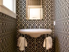 Powder Room With Black And White Wallpaper