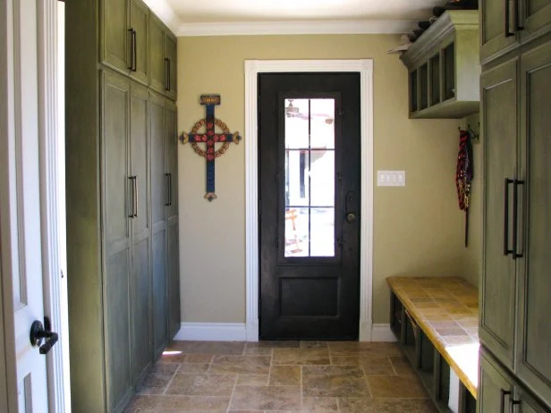 Green Cabinets In Rustic Mudroom