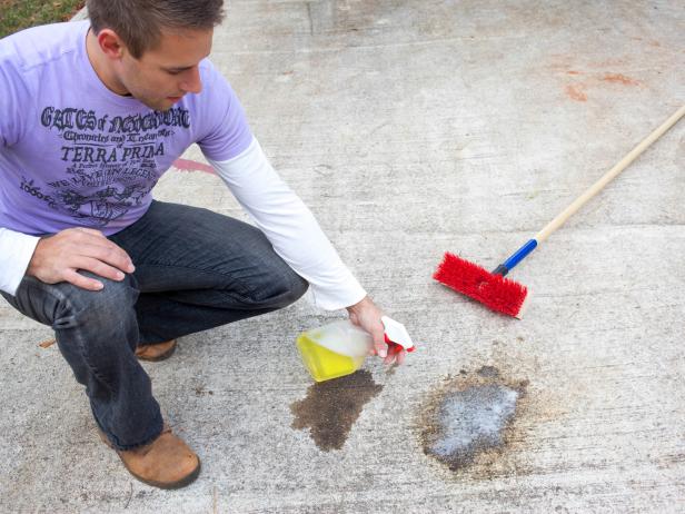 Step 4: Degrease surfaceEnsure proper cleaning by spraying concrete with bottle of spray degreaser, keeping a distance of 6-inches from surface. Scrub degreaser into concrete using stiff brush or pressure washer attachment tool.
