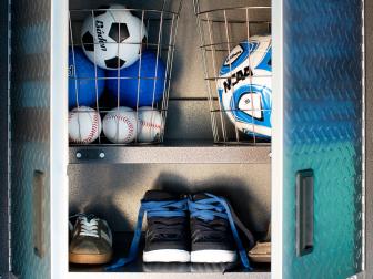 CONCEALED SPORTS EQUIPMENT Sports equipment is often the main source of clutter in a boyâ  s room, especially in homes which donâ  t have mudrooms. Wall-mounted tool storage cabinets are an excellent solution for keeping cleats, sneakers and balls easily accessible, yet out of the way. Use shelves to keep cleats and sneakers lined up, then designate a larger portion of the cabinet to baskets which can accommodate balls for a variety of different sports.