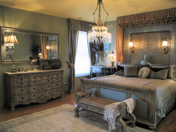 This charming master bedroom delivers romance through the custom-made headboard, bedding and Old World furnishings. The curved lines of the furniture and soft lighting create the perfect setting for a cozy night in. Design by RMS user SedonaSidney