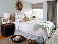 Soft Blue Transitional Bedroom With Custom Window Treatments 