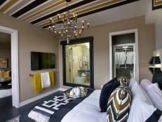 Black and Yellow Master Bedroom With Striped Ceiling 