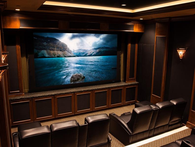 This high-end home theater was selected as a finalist for "People's Pick" in the 2014 CEDIA Electronic Lifestyle Awards. Pictured here is a wide shot of the home-theater entry named "Tuscan Theater."