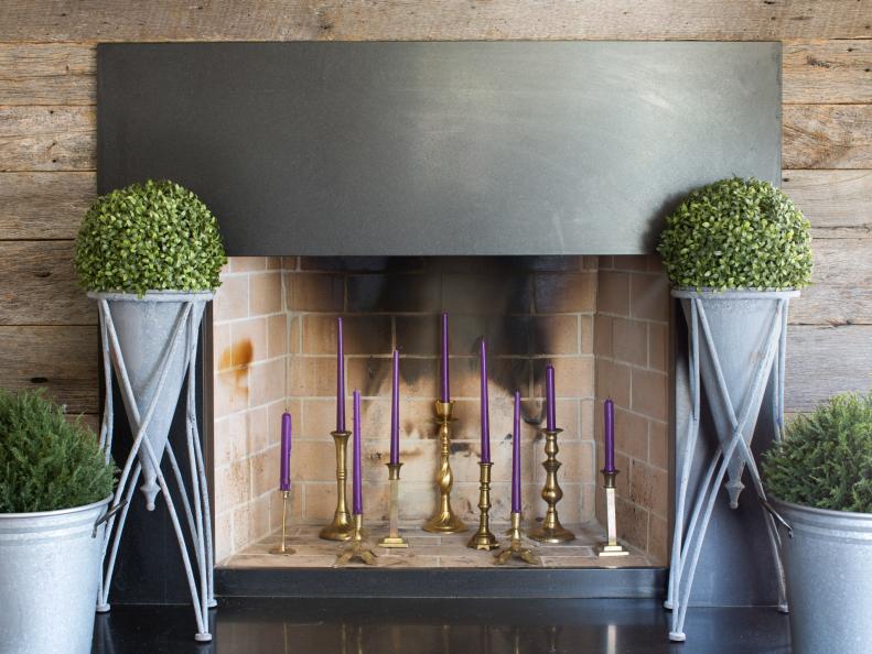 Modern fireplace with candles