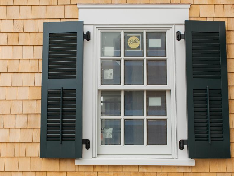 A window and shutters at the HGTV Dream Home 2015 located on Martha's Vineyard in Edgartown, Massachusetts.
