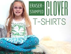 Protect your little leprechaun from would-be pinchers with this adorable eraser-stamped four leaf clover t-shirt.