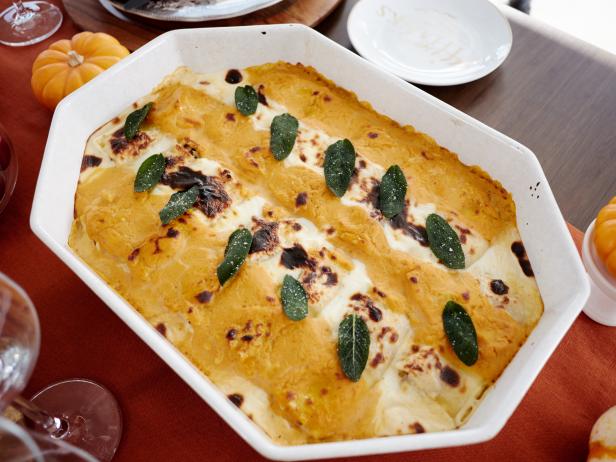 Host Giada de Laurentiis' dish, Pumpkin Alfredo Lasagna Rolls, as seen on Food Network’s Giada’s Holiday Handbook, Season 1.