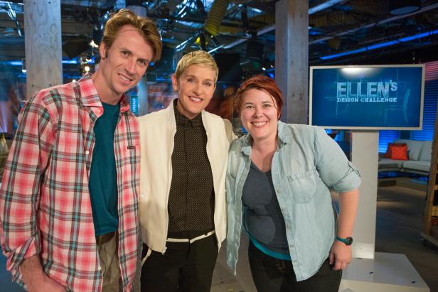 Season winning designer Vivian Beers (right) and finalist Sef Pinney (left) with Ellen (center), as seen on Ellen's Design Challenge. Ellen DeGeneres puts eight furniture designers to the test when they come to Los Angeles to compete in various challenges designing and building amazing furniture creations. With a workshop, a lead carpenter and all the tools they’ll need, the contestants will be tasked with a new build each episode. A panel of expert judges along with appearances by Ellen will eliminate them one by one until one designer is left standing to take home the cash prize and win “Ellen’s Design Challenge.”