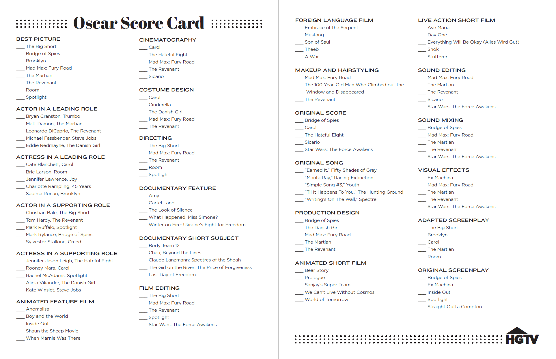 Printable Oscar Bingo and Scorecards | HGTV's Decorating & Design Blog | HGTV1926 x 1244