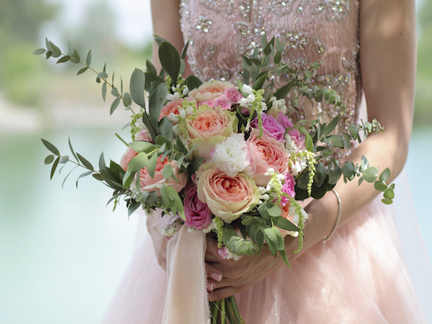 Wedding bouquet of peach roses by David Austin