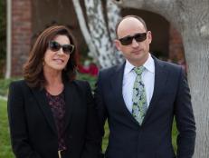 As seen on HGTV's Brother vs. Brother, Hilary Farr, an international home designer, and David Visentin, a Canadian real estate agent and co-host, with Hilary of HGTV's Love It or List It, shoot a promo in front of the Lousteau home in West Hills, California. (Action)