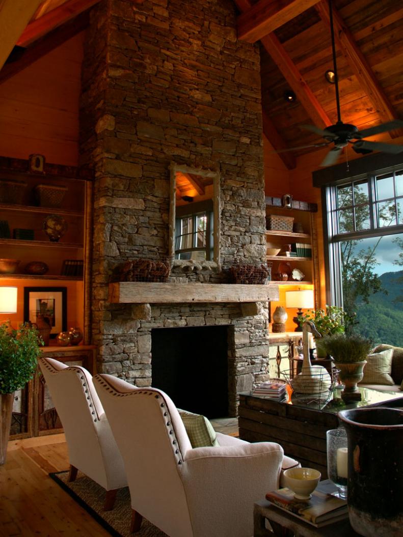  Stone Fireplace with Wood Beamed Ceilings