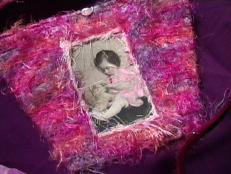 Dress up a small purse with a special photo and a bundle of fluffy yarn.