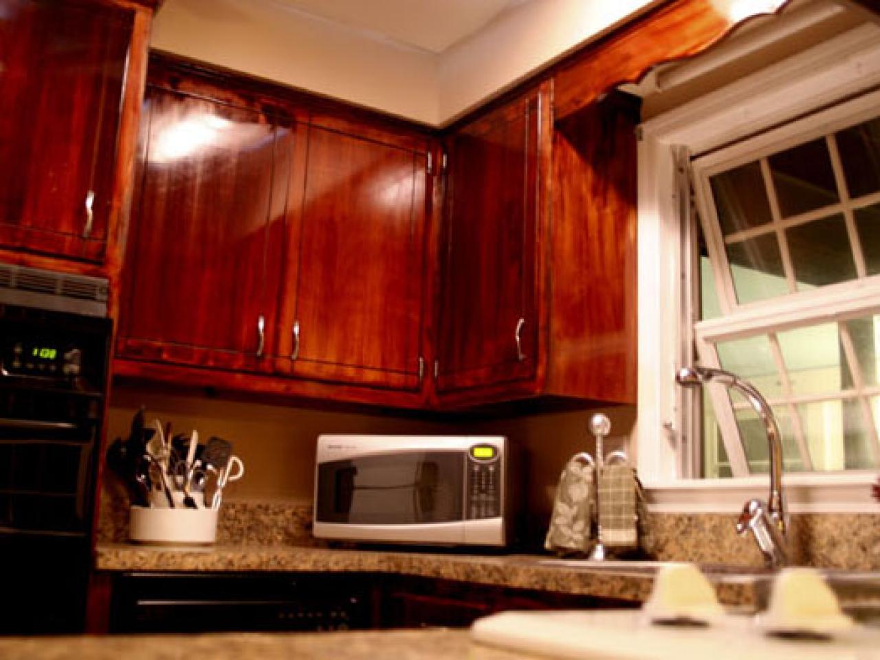 red stained cabinets