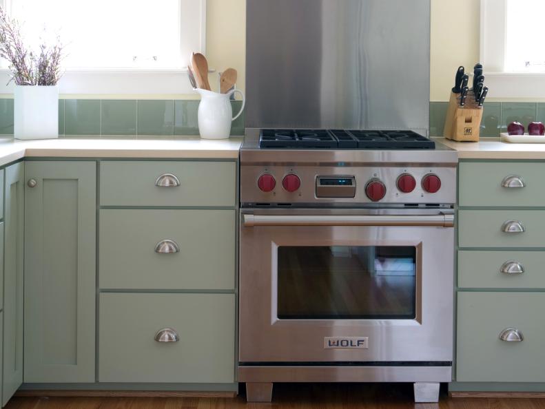 Vintage Mint Green Traditional Kitchen with Stainless Steel Oven